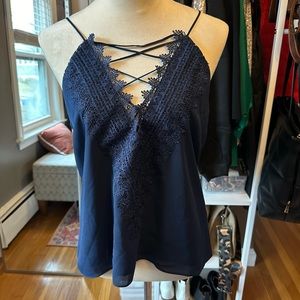 Strappy deep v-neck lace embellished navy cami - so pretty! NWT